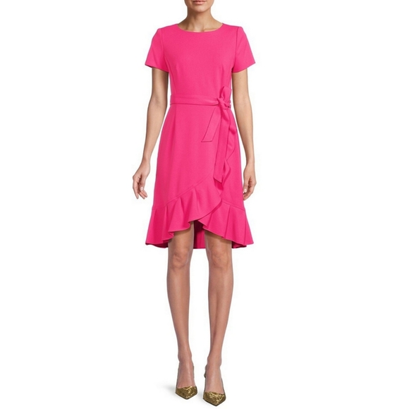 CALVIN KLEIN Ruffle Hem Belted Petite Dress Womens size 0 - Picture 2 of 7